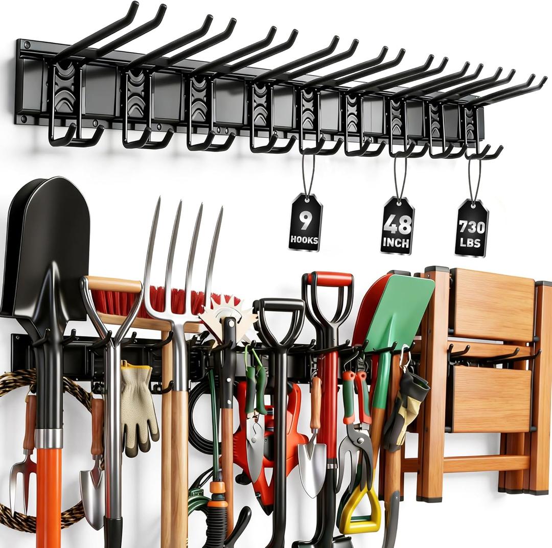 ELEAD 9-Pairs Heavy Duty Garage Tool Organizer Wall Mount Hooks, 48 Inches 730 lbs Garden Tool Organizer with Adjustable Hooks, Yard Tools Organizers for Garden, Yard, and Shed