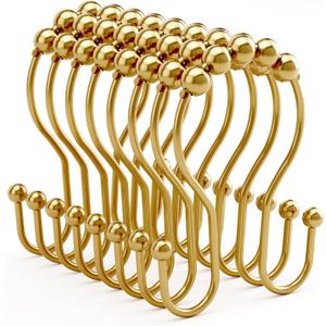 Bathway Shower Curtain Hooks, Shower Curtain Rings Rust Proof Double Hook Shower Curtain Hooks, 12 Pcs Dark Gold Shower Hooks for Shower Curtain, Shower Rings for Curtain, Metal Shower Rod Hooks