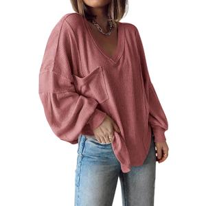 BTFBM Womens Fall Fashion 2025 Long Sleeve Shirts Casual V Neck Ribbed Knit Blouses Pullover Trendy Loose Fit Tunic Tops (Large, Solid Pink)