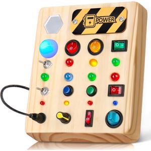 TINTECUSA Busy Board Montessori Toys for Toddler, Wooden Sensory Board Switch Toy with Shape Sorter LED Light Up Toys Educational Plane Travel Activity for Girls & Boys