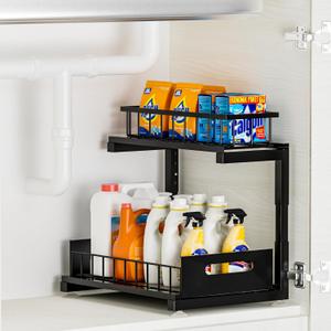 Under Sink Organizer, 2 Tier Pull Out Cabinet Storage, Slide Out Storage Shelves, Height Adjustable Kitchen Cabinet Organizers for Under Sink Storage -1 Pack, Black
