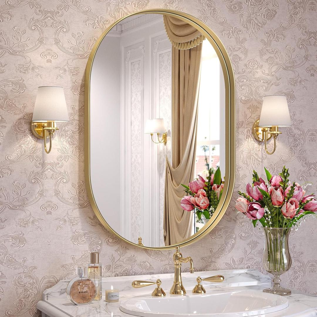 Brightify Gold Oval Mirror for Bathroom Vanity 20x30 Inch, Gold Metal Frame Mirrors for Wall, Modern Mirror for Bedroom Living Room Wall Decorative Hang Vertical and Horizontal