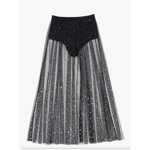 ebossy Women's Sexy 2 in 1 Sequin Mesh Maxi Skirt High Waist Tulle Sheer Tiered Beach Cover-ups , size -Medium