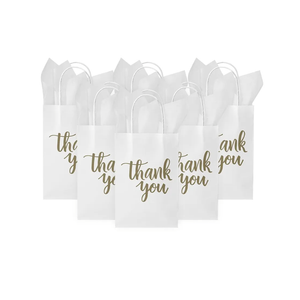 DjinnGlory 50 Pack Small Thank You Gift Bags with Handles - 9x5.5x3.15 Inch White Paper Bags with Tissue Paper for Wedding, Bridal, Baby Shower, Birthday Party Favors, Business, Shopping