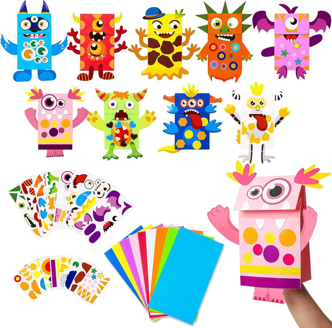 WATINC 9Pack Hand Puppet Art Craft - DIY Making Your Own Paper Sock Puppets Kits Wiggle Googly Eyes, Imaginative Early Learning Classroom Family Storytelling Games Pretend Party Supplies (Monsters)