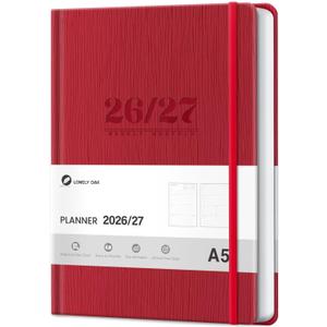 Lonely Oak Academic Planner 2026-2027, A5 Daily Weekly and Monthly Planner 5.75" x 8.4", 13 Months Faux Leather School Year Agenda from Jul.2026 to Jul.2027 for Student and Teacher (Red)