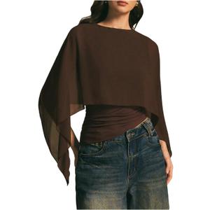 MakeMeChic Women's Asymmetrical Crop Tops Dressy Blouse Chiffon Mesh Sheer Summer Going Out Tops (Brown, M)