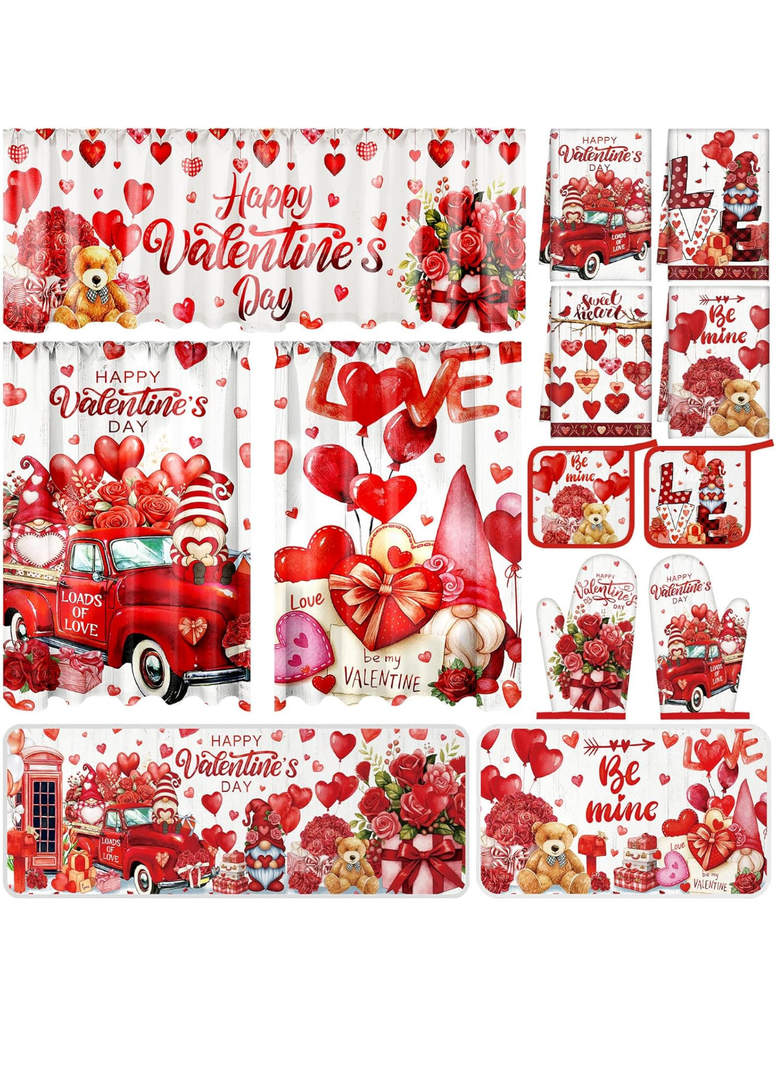 13 Pcs Valentine's Day Kitchen Sets with Kitchen Towels Non Slip Mats Curtains Valance Pot Holders Oven Mitts Red Love Heart Home Decor Accessories Sets for Valentines Cooking Grilling Baking Gift