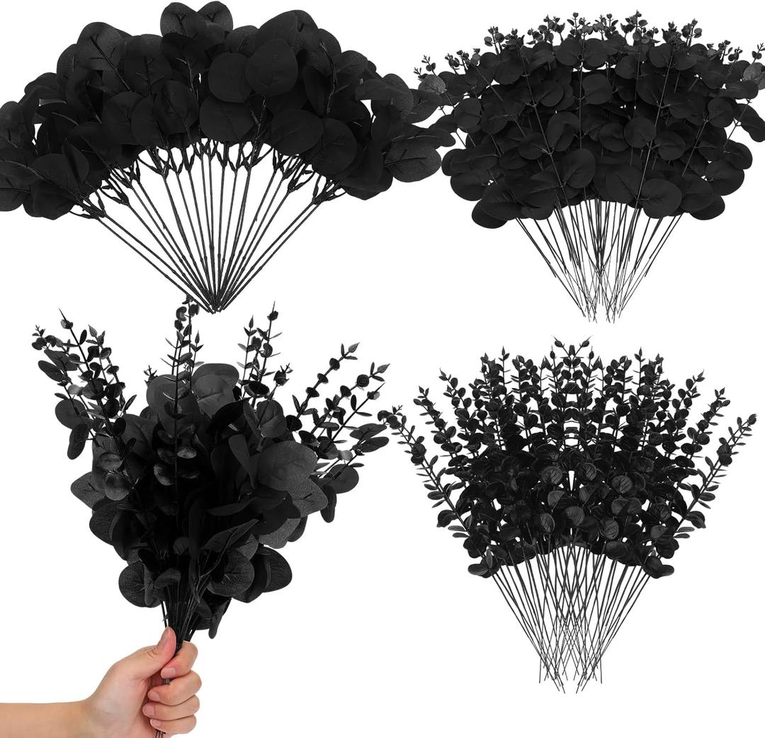 Giegxin 90 Pcs 3 Kinds Mixed Artificial Eucalyptus Leaves Stems Bulk Silver Dollar Leaves Picks Dried Eucalyptus Bundle Faux Spray for Wedding Vase Bouquet Floral Arrangement (Black)