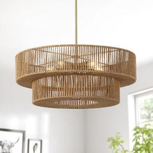 BOSHANGMEI 15'' Natural Rattan Chandelier Pendant Light-Farmhouse Boho Rattan Pendant Lights with Included E27 Bulb, 120V Wicker Pendant Lights for Dining Room Kitchen Island Bedroom Living Room
