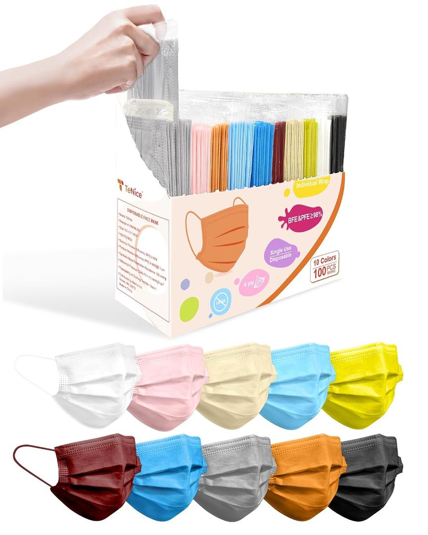 Adult Face Masks Disposable 100 Pack 10 Colors, 4 Ply ASTM Level 3 | Breathable for Daily & Outdoor Protection, Individually Wrapped for Home, School & Office, Haute Noir