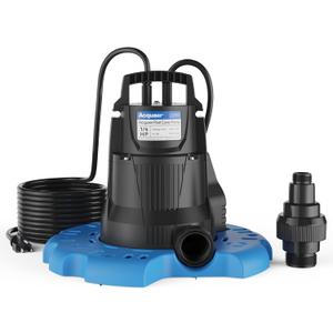 Acquaer Automatic Swimming Pool Cover Pump, Submersible Sump Pump with 3/4 Check Valve Adapter & 25ft Power Cord, Water Removal for Pool, Hot Tubs, Rooftops, Water Beds and More, 1/3 HP 2950 GPH