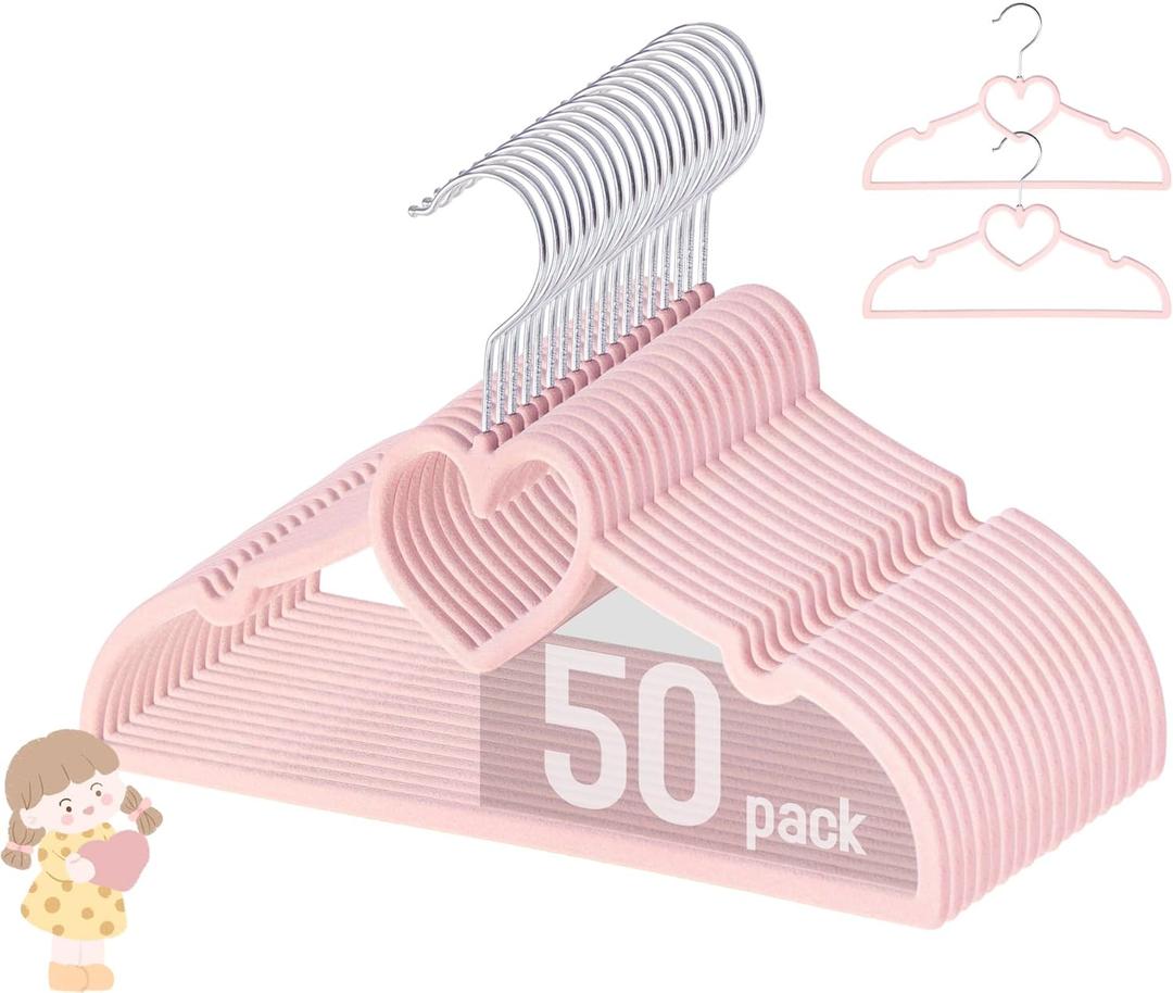 GOSCHE Kids Velvet Hangers (12.8 Inch - Pack of 50), Non-Slip Baby Clothes Hangers for Closet, Ultra Slim Space Saving Childrens Hangers, 360Degree Swivel-Hook, Infant/Toddler Hangers, Dark Pink