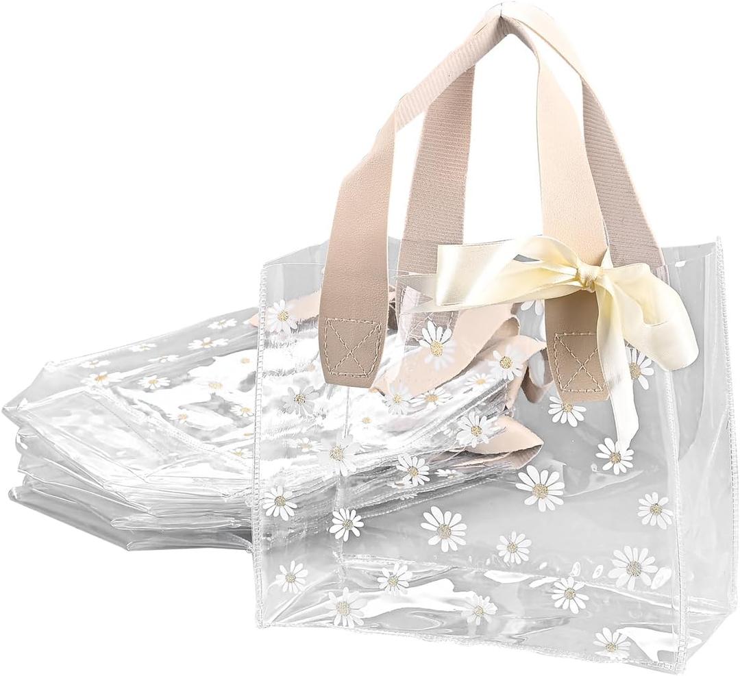TSAZZZ 6Pcs Clear Daisy Gift Bags With Handles Plastic PVC Goodie Bags With Ribbon Small Gift Bag For Wedding Birthday Baby Shower Party Valentines Pink (19.5 * 18 * 9.5CM,7.67 * 7.08 * 3.74Inch)