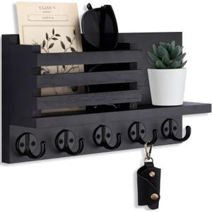 Lwenki Key Holder for Wall Decorative Wooden Mail Holder and Key Shelf with Mounting Hardware, Installation Guide Paulownia Wood with Metal Key Hooks (Black, Large - 11.8inch)