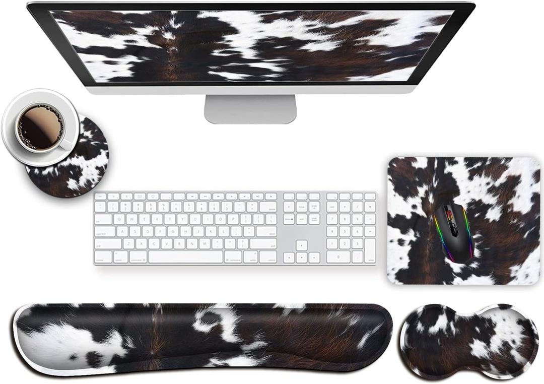Keyboard Wrist Rest and Mouse Wrist Rest Support Padded Memory Foam Set, Durable Non-Slip Base for Computer Laptop Office Accessories,Ergonomic Mouse Pad Cute Cowhide Brown Black Cow