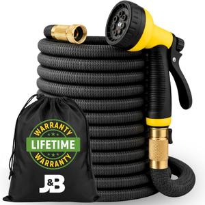 J&B XpandaHose 75ft Expandable Garden Hose, Lightweight, Brass Connectors
Ultra Strong 3750D fabric, 4-layer latex core, expands 3X, kink & leak-resistant, 10-pattern nozzle, storage bag