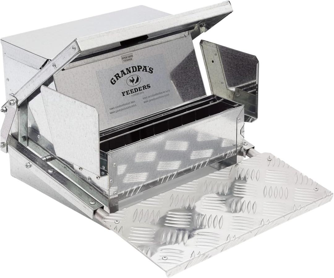 Grandpas Feeders Automatic Chicken Feeder - 20 lbs No Waste Poultry Feeder, Rat Proof & Rodent Proof Treadle Chicken Feeder, Galvanized Steel with Lid, Feeds 6 Chickens up to 10 Days