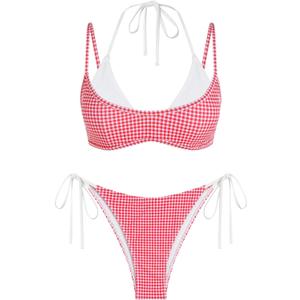 ZAFUL Women's Polka Dot Bikini Set Double Layer Halter Swimsuit Colorblock Side Tie 2 Piece Bathing Suit (Large, 0-red Plaid)