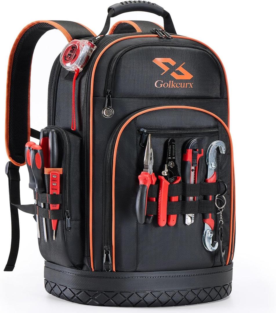 Golkcurx Tool Backpack, Heavy Duty Backpack Tool Bag, 1680D Implements Carrier for Electrician, Durable and Molded Base (Black)