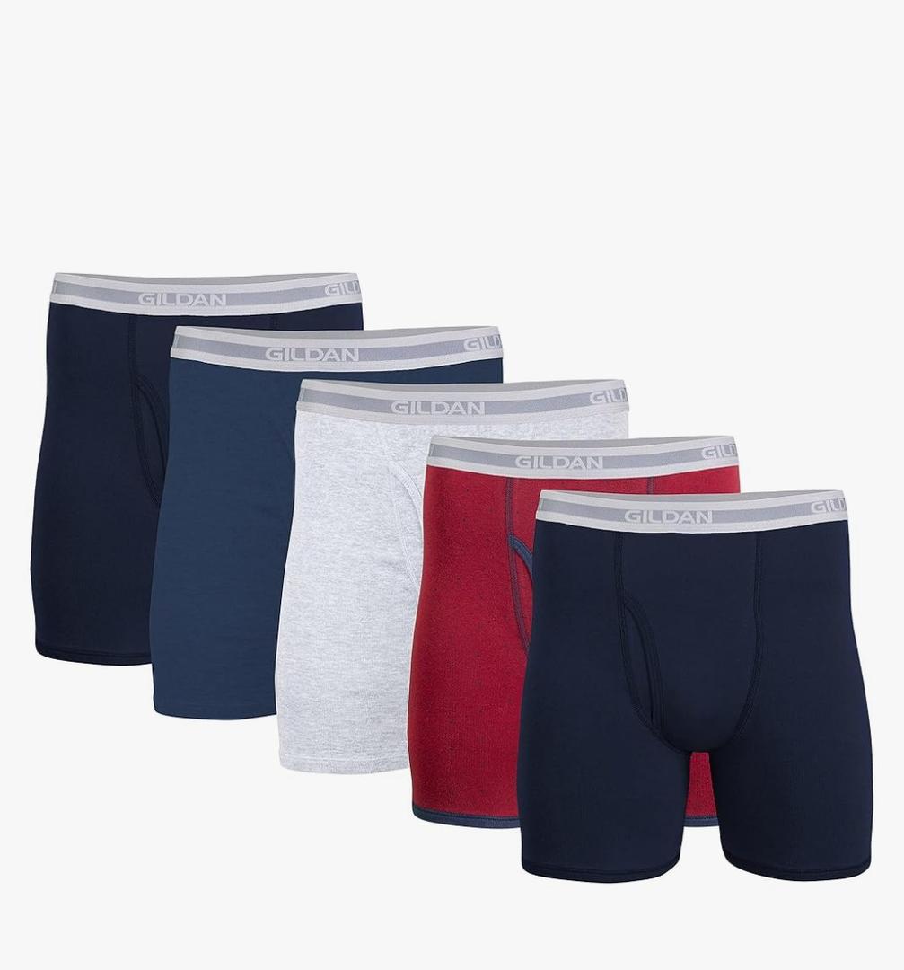 Gildan Men's Underwear Boxer Briefs, Multipack, Navy/Heather Navy/Sport Grey/Dot/Navy (5-pack, Classic Length) XL