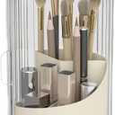 Makeup Brush Holder with Dustproof Cover 360 Rotating Makeup Brush Organizer for Vanity Bathroom, White/Beige