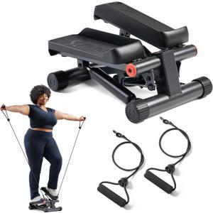 Sunny Health & Fitness Mini Steppers for Exercise at Home, Stair Step Workout Machine with Resistance Bands, Full Body Cardio Equipment, Optional Free SunnyFit App Connection Smart Stepper