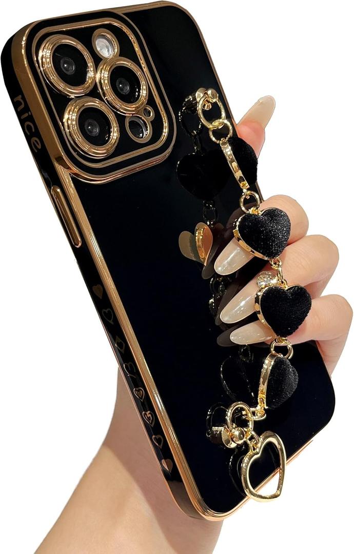 Caseative for iPhone 14 Pro Max Case,Cute Plating Love Heart Wrist Strap Chain Bracelet Phone Case (Black)