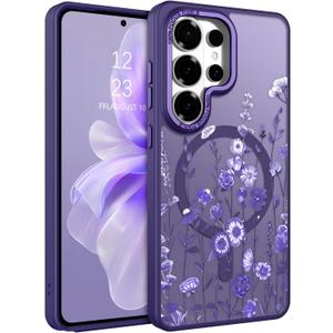 DOMAVER for Samsung Galaxy S26 Ultra Case, Magnetic Phone Case for Samsung S26 Ultra [Compatible with MagSafe] Slim Fit Flowers Floral Design Shockproof Protective Bumper Women Girls Cover Purple