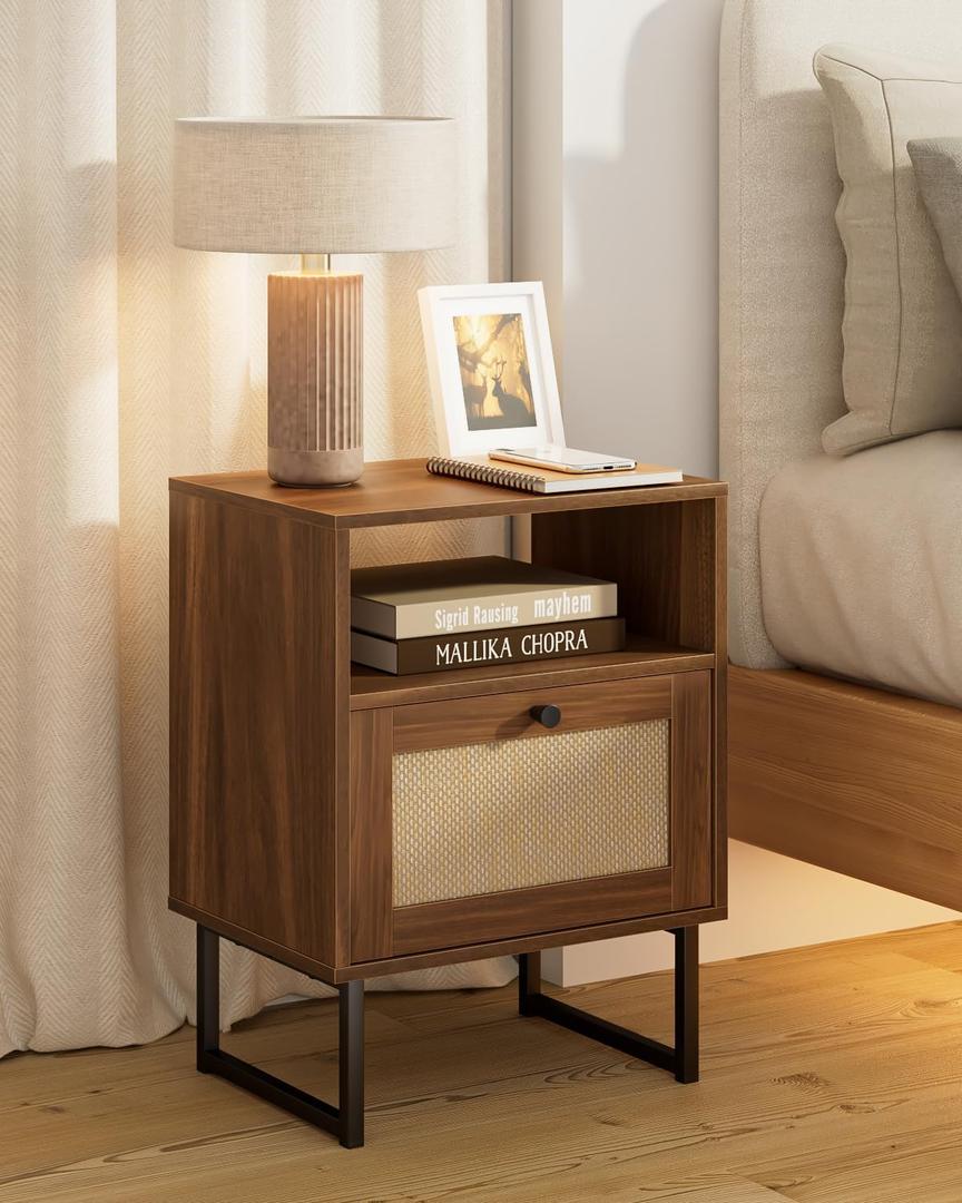 Rattan Nightstand, Boho Night Stand Farmhouse Wood Bedside Table with Storage and Open Shelf, End Side Accent Table for Bedroom,Living Room,Walnut (Normal)