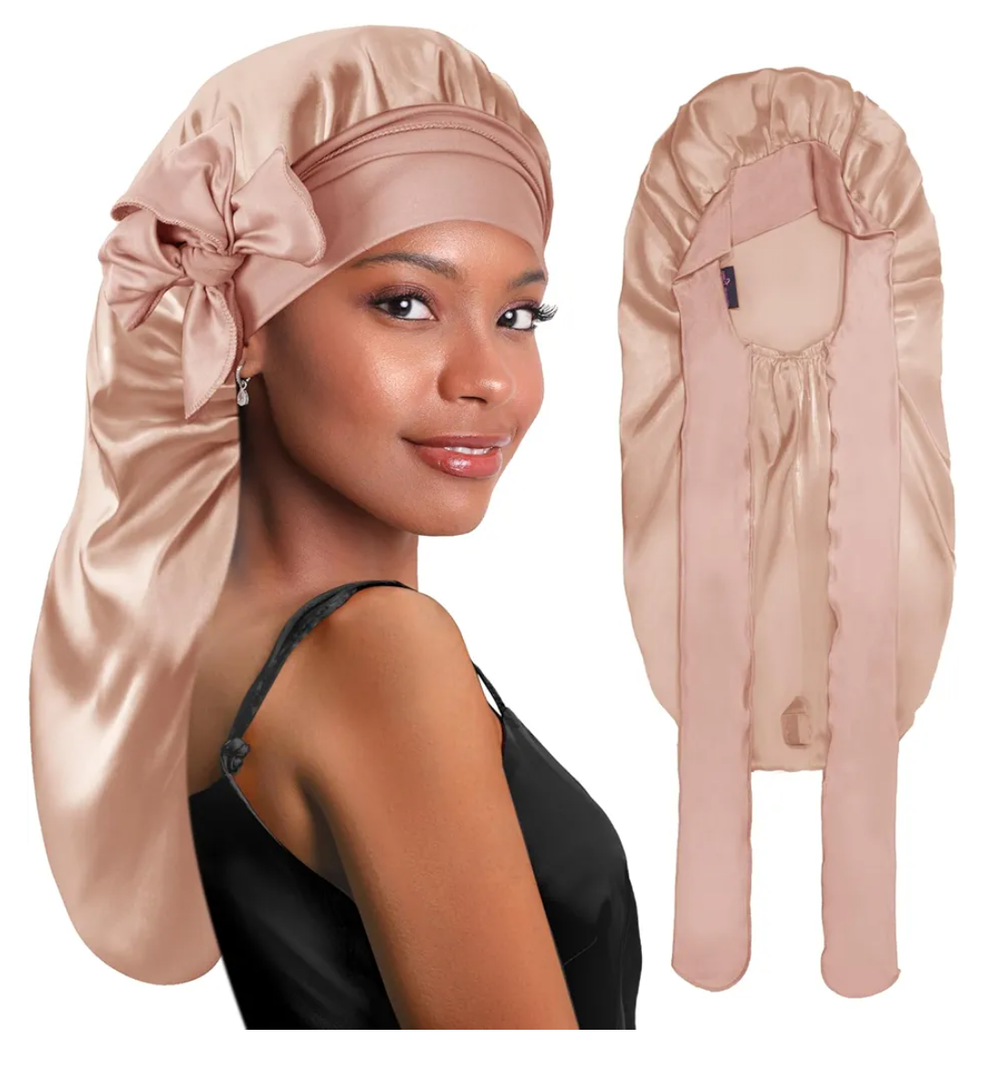 BONNET QUEEN Braid Bonnet Silk Bonnet Foldable Extra Long Wrap for Braids Satin Bonnets with Tie Band Long Sleep Cap, Champagne