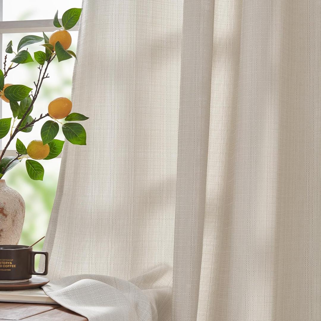 jinchan Ivory Linen Textured Curtains 90 Inches Long for Living Room Grommet Top Light Filtering Window Drapes for Bedroom 2 Panels