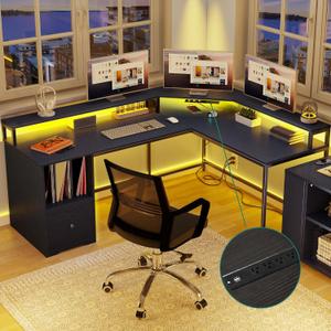 YITAHOME L Shaped Desk with Power Outlets & LED Lights, 67" Computer Desk with File Drawer, Corner Desk Home Office Desks with Monitor Stand & 3 Cubbies Storage Shelves, Black