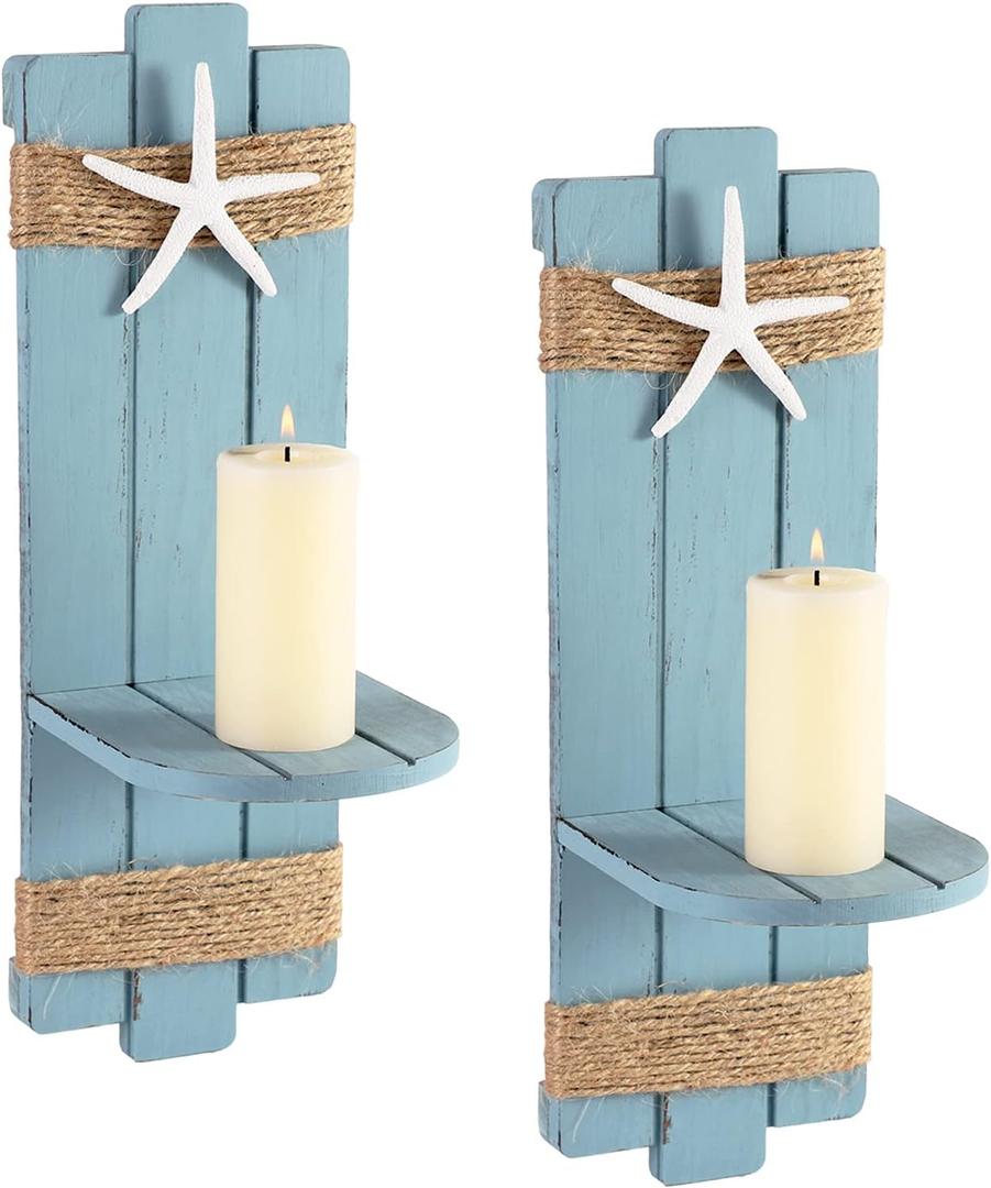 SOMTO Beach Starfish Wall Candle Sconces Decor,Ocean Themed Wall-Mount Candle Holders, Coastal Farmhouse Nautical Rustic Decorations for Bathroom, Living Room, Dining Room and Office, Set of 2 (Blue)
