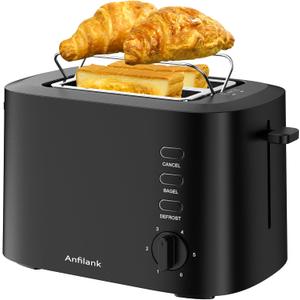 Anfilank Compact Toaster 2 Slice with 1.5" Extra Wide Slots, Built in Warming Rack & Removable Crumb Tray, 6 Browning Options, with Defrost/Bagel/Cancel Function Matte Black