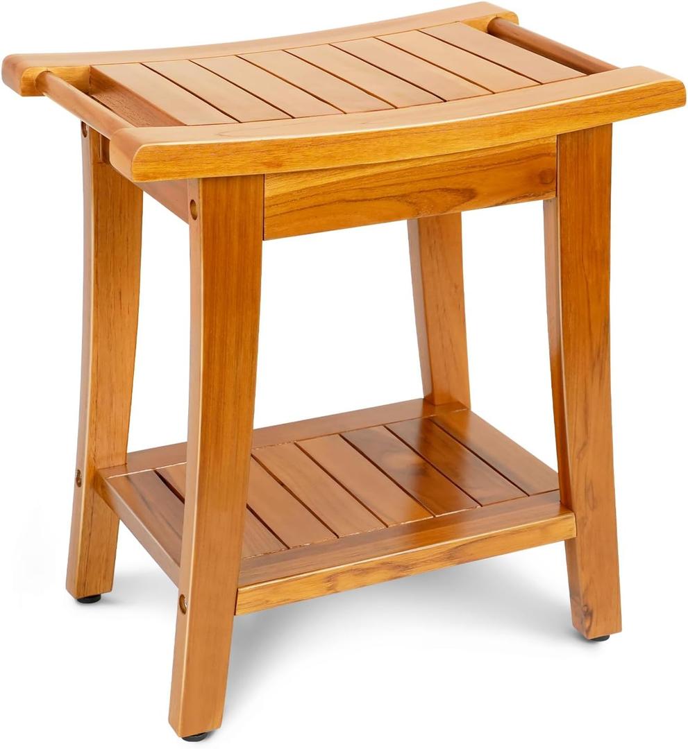16" Compact Teak Shower Bench with Shelf & Handle, Solid Premium Teak Shower Stool, Durable Waterproof Seat for Inside Shower, Teak Wood Bench for Bathroom, Indoor & Outdoor Use