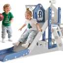 BIERUM 6 in 1 Toddler Slide - L-Shaped Baby Slide for Toddlers Aged 1-3 with Basketball Hoop, Telescope Toy and Anti-Slip Pads, Indoor Outdoor Toddler Playset, Blue Gray