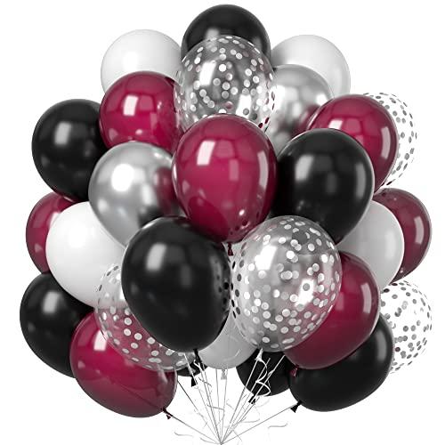 Balloons Burgundy Black Silver, Wine Red Black Party Balloon Maroon Metallic Chrome Silver Balloons and Silver Confetti Helium Latex Balloons for Birthday Bridal Shower Wedding Party Decorations