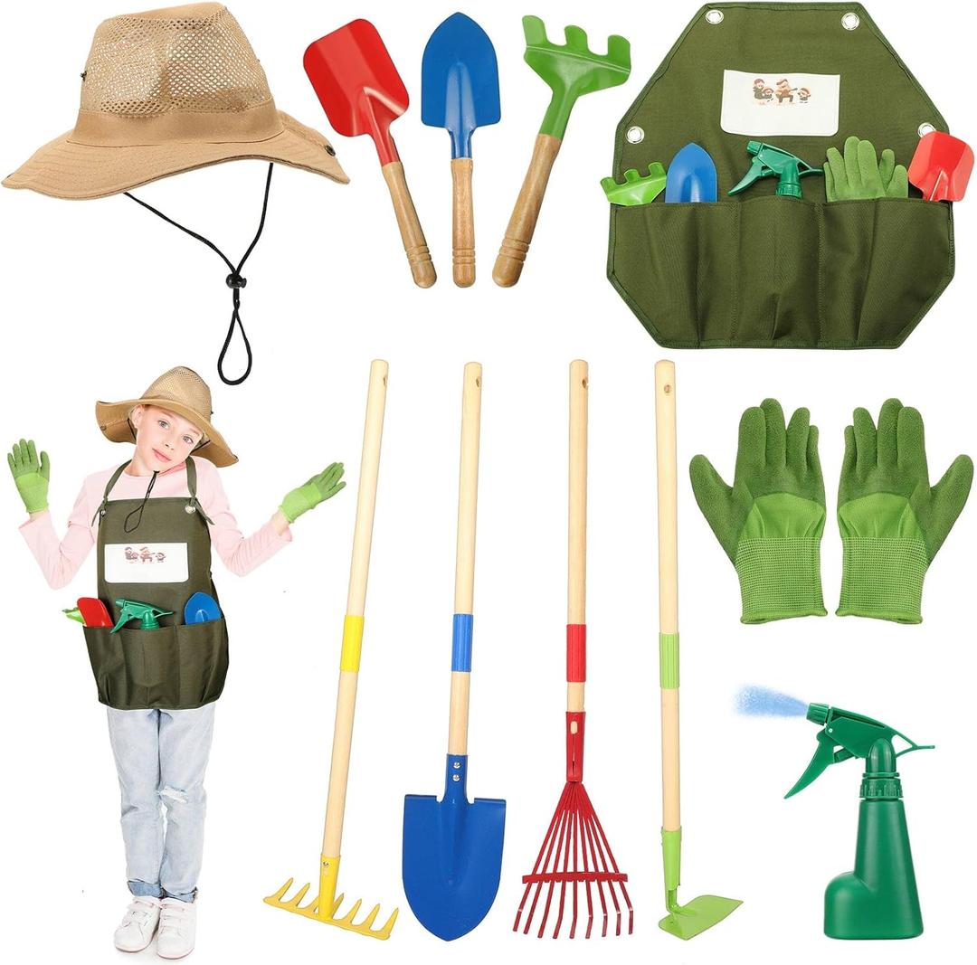 Jutom 11 Pcs Gardening Tools Set, Garden Tool for Kids Rake, Spade, Hoe, Leaf Rake, Garden Apron, Shovel, Hat, Gloves, Spray Bottle Digging Toys Backyard Toys Gift for Boys Girls Outdoor Gardening