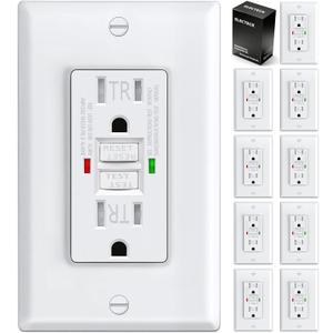 10 Pack GFCI Outlets 15 Amp, Tamper Resistant (TR), Self-Test GFI Receptacles with LED Indicator, Ground Fault Circuit Interrupter, Decor Wallplate Included, UL Listed, White