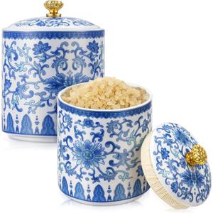 2 Pcs Vintage Blue and White Porcelain Salt Cellar with Lid Ceramic Salt Holder Container for Countertop Coffee, Sugar, Spices and Candies, Airtight Spice Jar, Kitchen Storage Dish