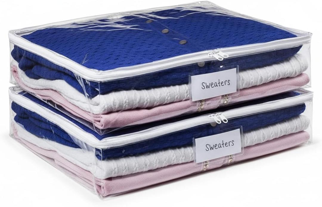 Masirs Clear Sweater Storage Bags (2-Pack) - Zippered Vinyl Organizers with Label Pocket - Protects Clothing from Dust, Dirt & Moisture - Great for Underbed, Shelves, Drawers or Closets
