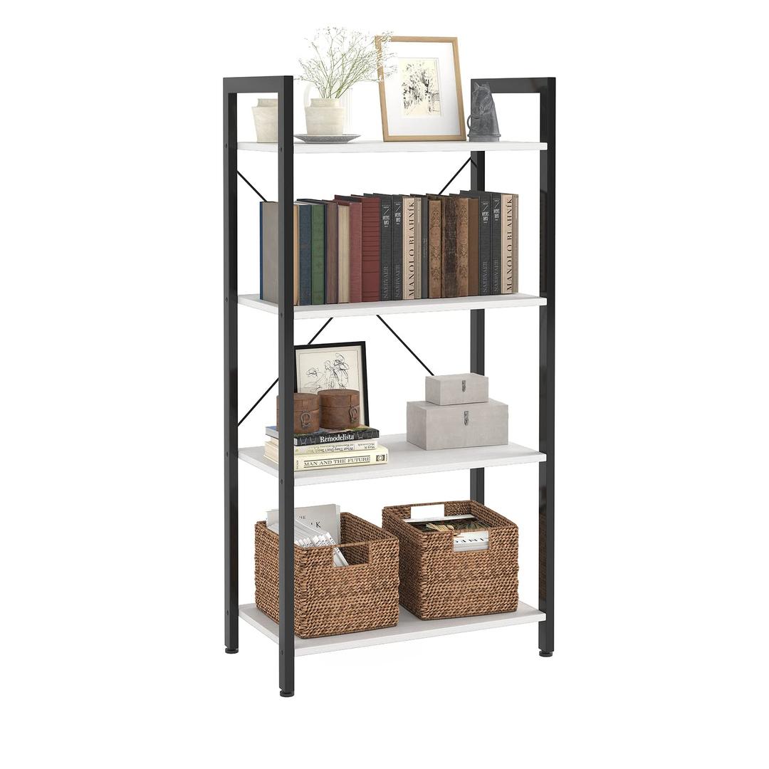 4-Tier Bookshelf, 47.2'' H Ladder Shelf, Industrial Bookcase, Wooden and Metal Storage Rack, Shelving Unit for Living Room Entryway Office, White Book Shelves, 24 * 11.8 * 47.2 inches
