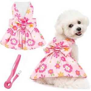 Dog Dress Harness Dresses Leash Set for Small Dogs Cute Girl Dog Clothes with Bowknot Puppy Outfits for Shih Tzu Yorkies Chihuahua