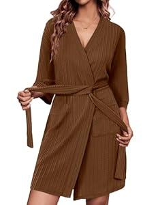 Ekouaer Waffle Robes for Women Bathrobe Lightweight Knee Length 3/4 Sleeve Knit Bath Robes Female Loungewear with Pockets (Large)