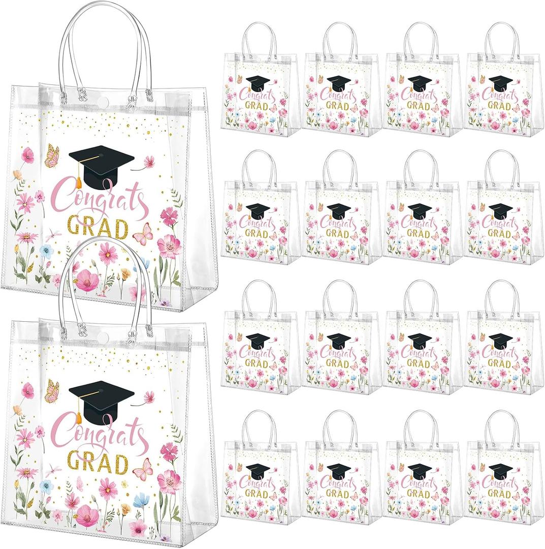 Resholder 24 Pcs Graduation Gift Bags Bulk 2026 Congrats Grad Clear Pink Floral Reusable PVC Bags with Handles for High School, College, Graduation Party Favors, 8x8x3.15 Inch, 1 count