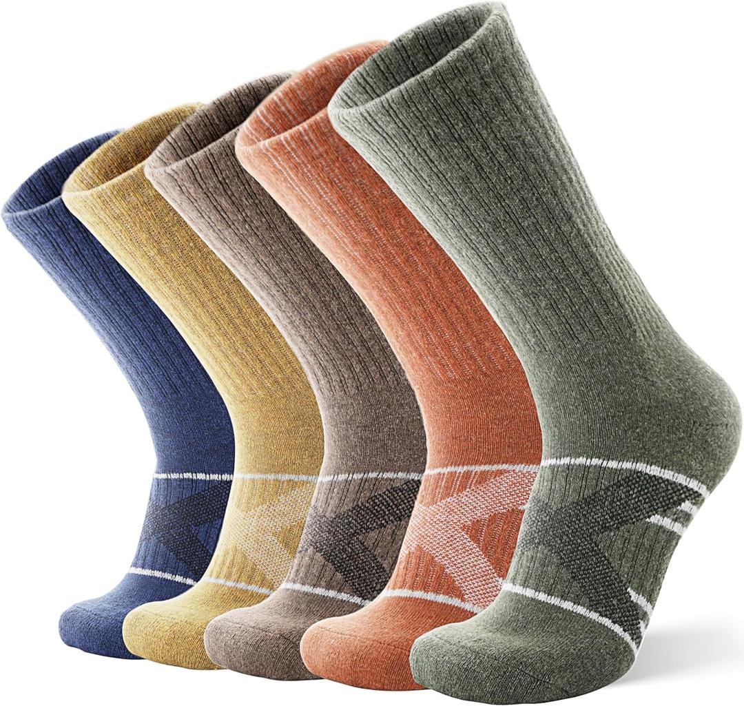 ANTSANG 5 Pairs Merino Wool Hiking Socks for Men & Women Thermal Winter Warm Moisture Wicking Cushion Boot Socks (Medium, Green/Yellow/Brown/Orange/Blue)
