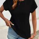 SKVON Womens Tops Casual Scoop Neck Short Sleeve Embroidered Lace Hollow Out Shirts Loose Tunic Knit Boho Blouses (Black, XXL)