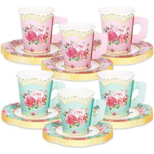 Floral Tea Party Decorations 24 Mint Green Pink Floral Paper Teacups with Handle and Saucers Sets for Wedding Bride Shower Birthday Spring Tea Party Tableware Supplies, Don't Put Hot Drink