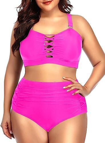 Daci Women Plus Size Two Piece Swimsuit - High Waisted Bikini Tummy Control Bathing Suit Bandeau Swimwear, 26W